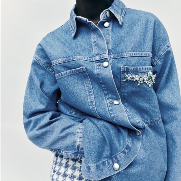 Zara mid blue jewel trim denim jacket / shacket NWT